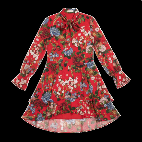 ALICE AND OLIVIA Dresses & Skirts - Alice And Olivia Vibrant Red Floral Tie Neck Ruffle Hem Dress Size XS